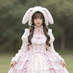 photograph of an alternative young woman wearing a pink rococo dress with a bunny hood