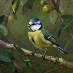 oil painting lanscape by anders zorn, closeup bluetit in jungle nature, fruit trees, very very very very beautiful art, dramatic light, strong shadows