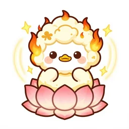 kawaii wacky fluffy popcorn with lightning bolt power, yokai, in the style of a mamashiba, with a yellow beak, with a toroidal energy field, with a smiling face and flames for hair, sitting on a lotus flower, white background, simple, clean composition, symmetrical, suitable for use as a logo