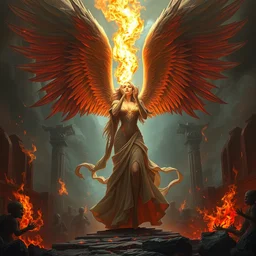 a beautiful angelic woman spitting fire at lost souls standing at the entrance to hell, fantasy art, art by greg rutkowski and artgerm, amazing detail, hd, illustration, epic, intricate, elegant, artstation, concept art, smooth, sharp focus, cinematic