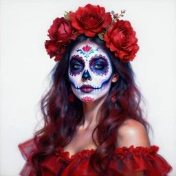 a red oil painting hyperrealism of a beautiful woman on a white background, flowers, dia de los muertos makeup, floral headdress, 8 k resolution, octane render, trending on artstation, by gediminas pranckevicius, volumetric light 2 blue fractal thunder glow by dan mumford, anaglyph effect, laurie lipton