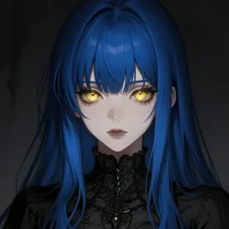gold eyes, long blue hair, anime girl, bangs, gothic, anime character, noir, screenshot, anime, sharp focus, intricate, illustration, cell shaded, digital painting, highly detailed, concept art, matte, art by ilya kuvshinov, wlop, greg rutkowski, studio quality, james jean, artem demura