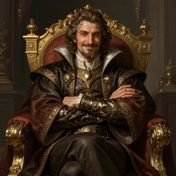 a rich noble man smirking. proud crossed arms. siting in his chair intricate, elegant, highly detailed, digital painting, artstation, concept art, sharp focus, illustration, by justin gerard and artgerm, 8 k