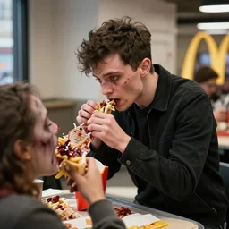 thom yorke as a zombie eating people at mcdonalds in london