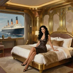 a guest bedroom of the atlantis paradise, a retro futuristic spaceship made of brass bronze gold, art deco influence, hotel style design. bioshock, starship titanic. sitting on the bed is a beautiful woman with long wavy curly black hair and green eyes, wearing a cocktail dress. clean, well composed painting by artgerm and greg rutkowski.