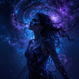 of drowning in an ocean of pain, dramatic lighting, blue and purple, black thin vains all over the place, silhouette of a woman, hair in the wind, glaxy, high detailed, fear, realistic rendering, artstation