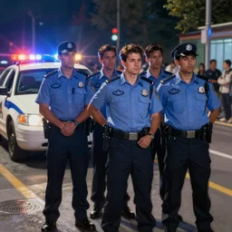 as a painting, man getting arrested by police, police car in background with bright police sirens, lens glare, dramatic lighting, cinematic, establishing shot, extremely high detail, photo - realistic, cinematic lighting