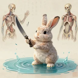 a cute fluffy rabbit standing in a pool of water and holding a knife makes slicing motions through the air. Alebrijes Aesthetic, lowbrow, pop surrealism art style, contemporary art illustration, Toon Render Keyshot, intricate, chinese caligraphic ink on rice paper, 8K detail post-processing, rob israelart anatomical study,