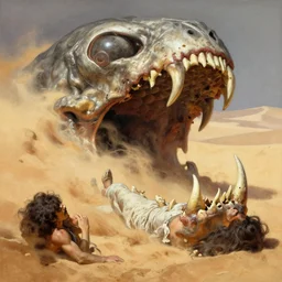 enter the jaws of desert truth God Sand menace in the style of Frank Frazetta, Jeff Easley, extremely clear and coherent, intricate and detailed, 8K resolution