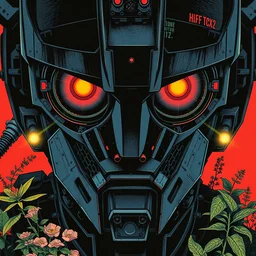 risograph grainy painting of gigantic huge evangelion - like gundam mech face, black colors, with huge earrings and glasses with a lot of details and lasers, covered with plants, epic sci - fi scene by moebius and dirk dzimirsky and satisho kon, close - up wide portrait