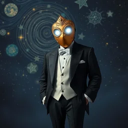 in the style of starry night, a tuxedo for a big man with small legs, heart shaped golden mask with white lights for eyes.