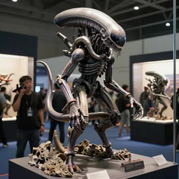 a mecha xenomorph display at a weapon fair by chu qiao and h. r. giger mid - shot digital art.