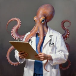 an octopus wearing a lab coat lab coat and holding a clipboard clipboard, octopus wearing a doctor's outfit, octopus resembles a scientist, masterpiece digital painting by Thomas Kinkade and Greg Rutkowski, artstation, 4k wallpaper