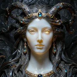 detailed portrait, high priestess, gorgon, regal glassworks face sculpted features, large eyes, statuesque, milky skin, silk hair, tech noir, opulent, smooth, jewel, lit from within, chiaroscuro, organic impressionism, deep backdrop, natural colors, octane render