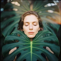 An analog head and shoulder portrait frontal face photography of a woman behind big Monstera Deliciosa leaves by Annie Leibovitz. closed eyes. Kodak disposable film. Depth of field. whirl bokeh. Sunshine. detailed. hq. realistic. warm light. muted colors. Moody. Filmic. Dreamy. lens flare. Leica M9, f/1.2, symmetrical balance, in-frame