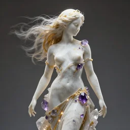 abstract female sculpture made of white marble and amethyst crystals quartz, ethereal lights, fine details, artstation, film still, cinematic photoshooting, luxury, strong wind, golden filigree, octane render