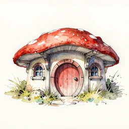 hobbit house. loose drawing by jean - baptiste monge water color on white paper watercolor sketch mushroom hard edges, pencil lines, drips, runs, spatter, details. red chrome. jean - baptiste monge!!!!!