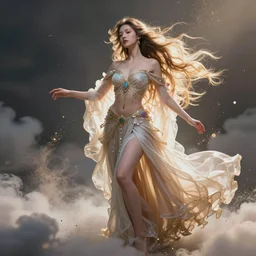 a beautiful female goddess of the wind character, character is in all its glory, character is in her natural relaxed pose, full body shot, rim lights, particles and dust in the air, fancy clouds, highly detailed professional photo, dynamic lights, particles are flying, depth of field, trending on artstation, professional illustration, hyper realistic, vray caustics, super detailed, colorful accents, cinematic shot