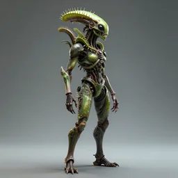 skin concept venus flytrap, full length profile portrait, full - length photo with upper and lower body, t - pose, wide angle, alien, biopunk, plant predator, predator, teeth, many details, guyver style, 8 k, cinematic, hyper realism, high detail, octane render, art by hans giger