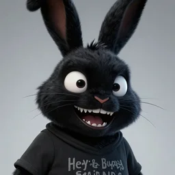 A extremely highly detailed majestic hi-res beautiful, highly detailed head and shoulders portrait of a scary terrifying, horrifying, creepy black cartoon rabbit with scary big eyes, earing a shirt laughing, hey buddy, let's be friends, in the art style of Walt Disney