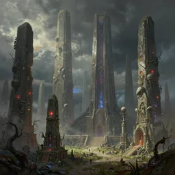 pulp fantasy concept art painting of an alien civilisation, sacred monoliths, futuristic, technocracy, toxic, shrines, by greg rutkowski and james gurney