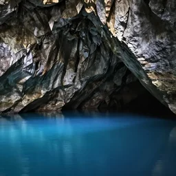 epic photo taken inside a cave showing a blue lake at the bottom, dark light, volumetric light, penumbra, shadow effect, surrealism, beautiful, hipa award winner, sony awards winner, photography, best photography, full of details 8 k, high quality, wide view