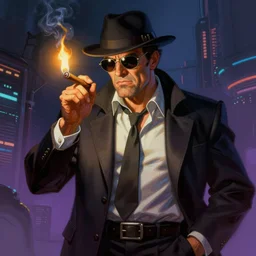 A mafia boss lighting a cigar in a cyberpunk setting, by Frank Frazetta, volumetric lighting, high contrast colours, as trending on Artstation, highly detailed,