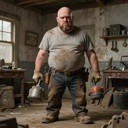 grumpy chunky bald handyman, mechanical powertools as hands, unkept facial hair, dusty old home, full body, hyperrealistic absurdist digital art masterpiece, highly detailed neo pop surrealism, jason limon kay sage hannah yata, dramatic lighting, low angle, uhd 8 k, sharp focus