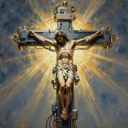 a man crucified on a cybernetic sci - fi cross, full of computer elements and cables, symbolic, intricate, hyperdetailed, religious, painting, cyberpunk, in a style of h. r. giger
