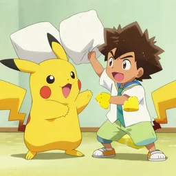 pikachu and ash ketchum having a pillow fight, anime