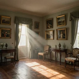 inside a 1 9 th century home, morning, lots of framed art hanging on the walls, polished wood floor, rays of light, dust, antique furniture, photorealism, by vilhelm hammershøi,