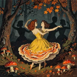 lost and happy souls dancing, by gediminas pranckevicius, by james gilleard, by ambrosius benson, dark shadows, autumn, woodblock, split - complementary - colors, polished, tremella - mesenterica, mycena acicula, a touch of magic