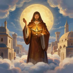 a byzantine priest is carrying a genie lamp surrounded by heavenly clouds in a Byzantine city, concept art, beautiful light, symmetry, very coherent, trending on artstation, by James Gurney and Simon Stalenhag and Greg Rutkowski