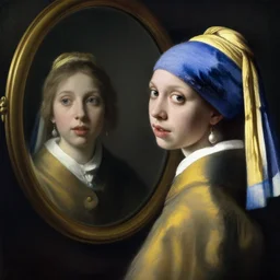 a beautiful girl sees her reflection in a mirror : : highly detailed, beautifully lit, oil painting portrait by vermeer and bouguereau and waterhouse