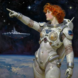 “big chaotic beutiful and open space with many stars and space battleship far away in the horizon, woman in futuristic spacesuit that revealing her beautiful fit body, pointing to the space battleship, in the style of Gaston Bussière, art nouveau”