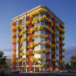 multistory building, full of yellow flowers flowers, glass openings, red mesh in the facede, housing architecture, classical architecture, brutalist architecture, blue hour, archviz, cgi, trending on artstation, architecture visualization, corona renderer, unreal engine, ray tracing, cinematic