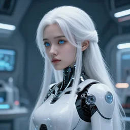 perfect android girl, cyborg armor, beautiful face, scifi, futuristic, space station, laboratory, kwak ji young, dreamy, long white hair, blue eyes, cinematic lighting, innocent, highly detailed, very cute, focused, artstation, divine, by gauthier leblanc, kazuya takahashi, huifeng huang, jama jurabaev