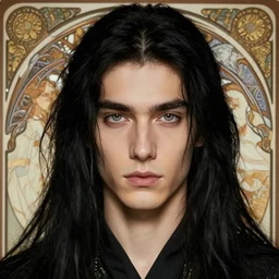 portrait of tall, 3 3 - year - old handsome man with long dirty black hair, and grey eyes, wearing black clothes, hyper realistic face, beautiful eyes, close up, fantasy art, in the style of greg rutkowski, intricate, alphonse mucha, hyper detailed, smooth