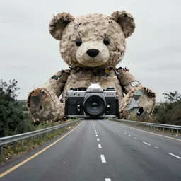 photo of freeway with a gigantic dilapidated teddy bear in the distance, canon ae - 1, simon stalenhag,
