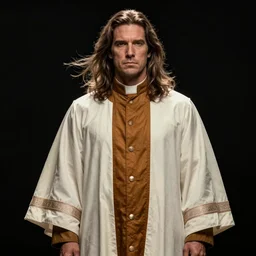 action movie hero wearing dressed in priest's robes. movie poster. 4k. Long flowing hair.