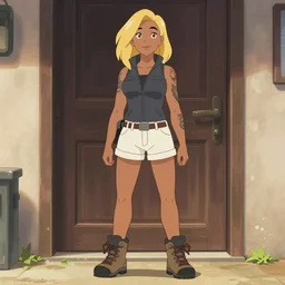 anime style cel shaded portrait of a blonde woman, 40 years old, brown sun tanned skin, tattoos down left arm and back, wearing a charcoal vest top, white shorts and hiking boots, stood in sunshine in front of a door
