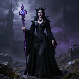 an attractive female necromancer mage symmetrical, donned in black cloak with purple staff