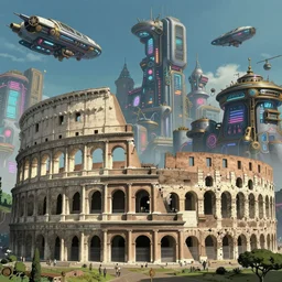 futuristic colosseum in rome, steampunk neon city in the background, spaceships, futuristic, matte painting, high detail, intricate line detail, dreamy, cold light atmosphere, artstation, by hayao miyazaki