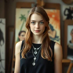 a portrait photograph of a crazy beautiful young woman painter in her studio, wearing a black dress and silver necklace, copper brown hair, blue eyes, dof, sharp focus, slight smile, pale, highly detailed face, symmetric face, 4 k, cinestill 8 0 0 t, exif, raw, photography by paolo roversi