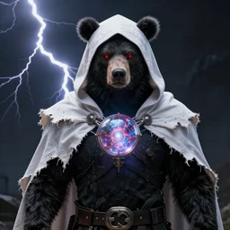 berserker bear, wearing hood and torn cape, red glowing eyes, wearing magic orb in neck, dark background, cinematic lightning, hyper realism, centered, white and black clothing, black hair, exquisite detail, 4k - n 9