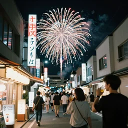 street scene outside a japanese fireworks shop with people drinking and being happy, artistic shot, dynamic lighting, night time, neon lights, depth of field, motion blur, light streaks