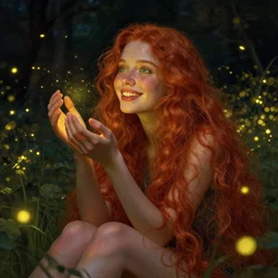 infp young woman, smiling, amazed by the lights of golden fireflies, sitting in the midst of nature fully covered, long loose red hair, intricate linework, dreamy green eyes, small nose with freckles, oval shape face, realistic, expressive emotions, dramatic lights, spiritual scene, hyper realistic ultrafine digital art by james jean and albert bierstadt and artgerm