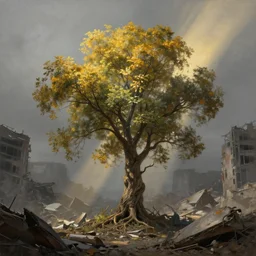 a vibrant tree growing in the rubble of a post - apocalypse city wasteland, gray dull background, hyperrealistic, highly detailed, cinematic, ray of golden sunlight, digital art, soft lightning, muted colors, oil painting by greg rutkowski