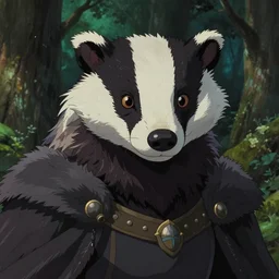 a film still portrait of a badger elven king, finely detailed features, cinematic lighting, perfect art, brian jacques redwall woodland, forest, intricate, anime, gapmoe grimdark, artstation, trending on pixiv fanbox, painted by brian jacques greg rutkowski, studio ghibli, 4 k