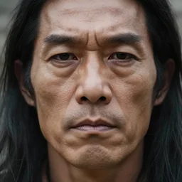 portrait close up of a man with a very square and large jaw, his face lines are harsh, he has no beard but long black hair, he looks like a cave man bronze, soft lighting, rough lines